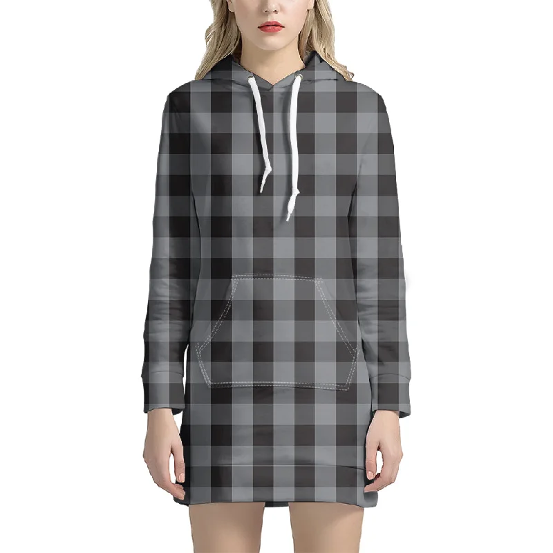 Grey And Black Check Pattern Print Pullover Hoodie Dress