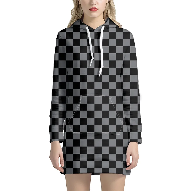 Grey And Black Checkered Pattern Print Pullover Hoodie Dress