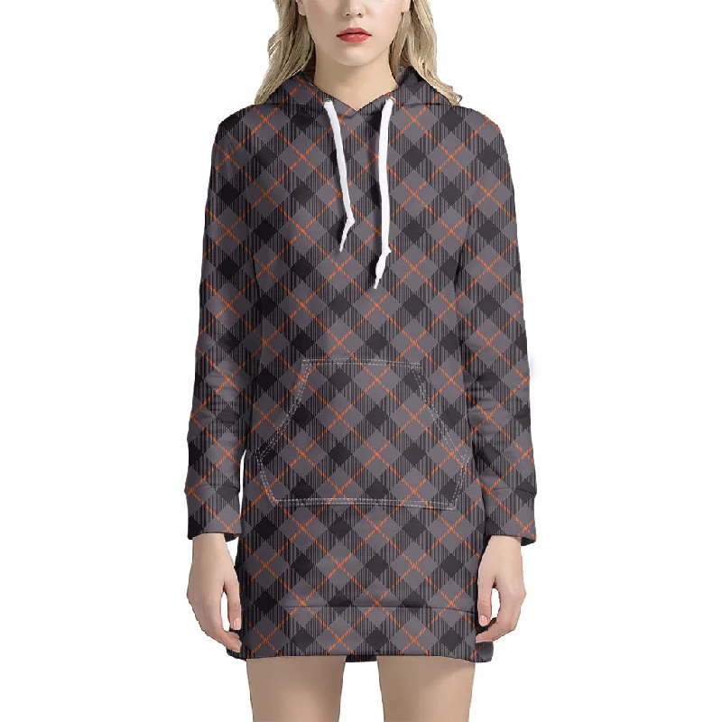 Grey And Orange Plaid Pattern Print Pullover Hoodie Dress