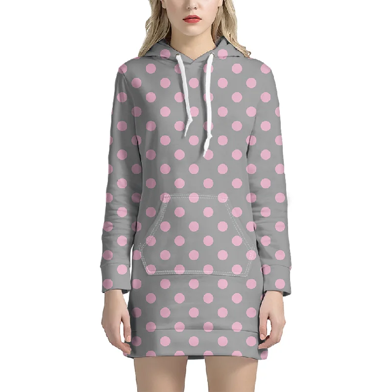 Grey And Pink Polka Dot Pattern Print Pullover Hoodie Dress
