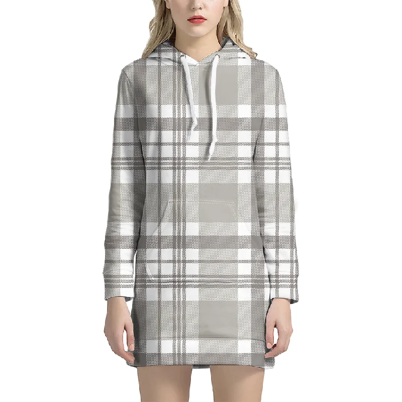 Grey And White Border Tartan Print Pullover Hoodie Dress