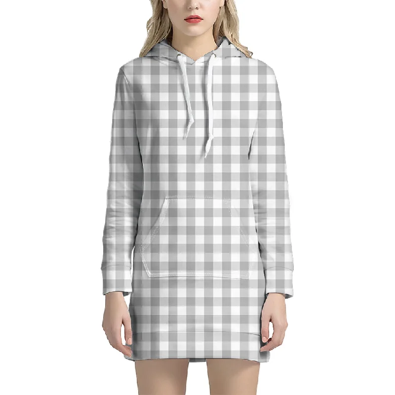 Grey And White Check Pattern Print Pullover Hoodie Dress