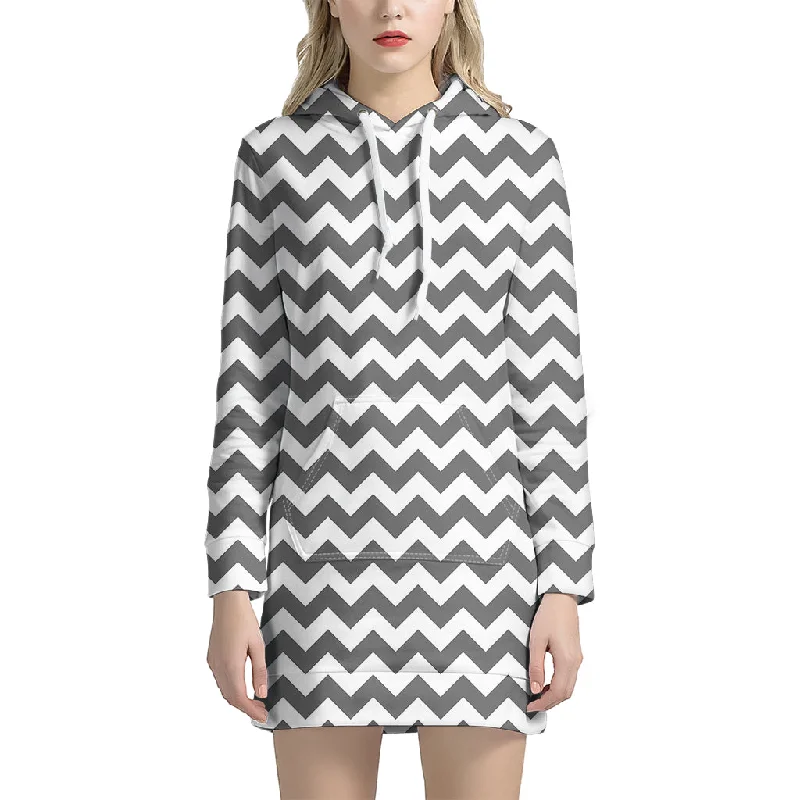 Grey And White Chevron Pattern Print Pullover Hoodie Dress