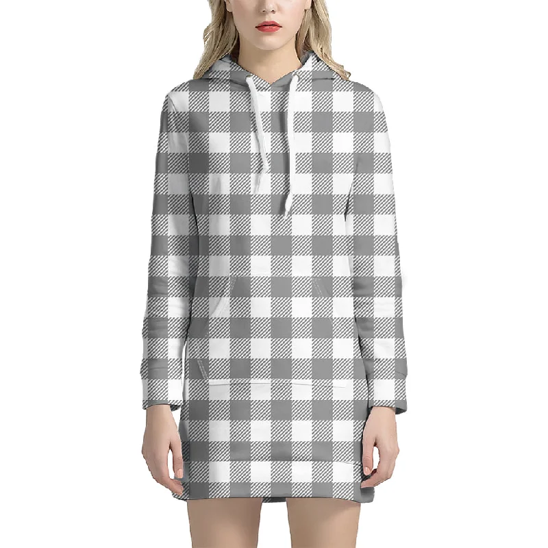 Grey And White Gingham Pattern Print Pullover Hoodie Dress
