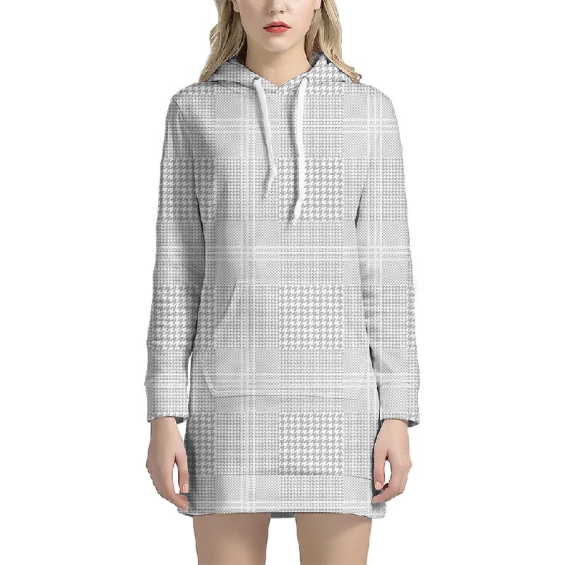 Grey And White Glen Plaid Print Pullover Hoodie Dress