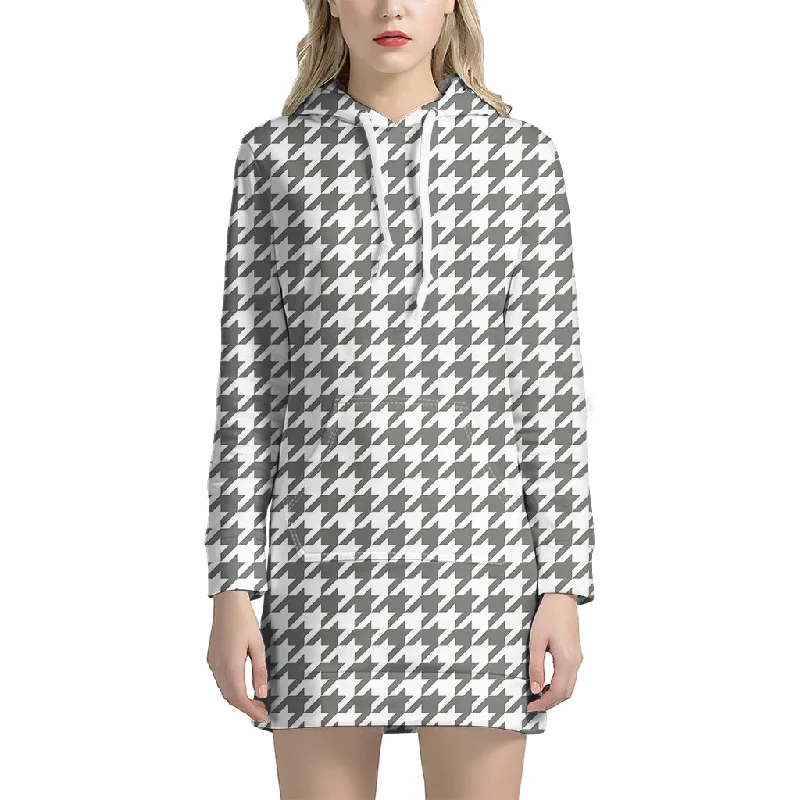 Grey And White Houndstooth Pattern Print Pullover Hoodie Dress