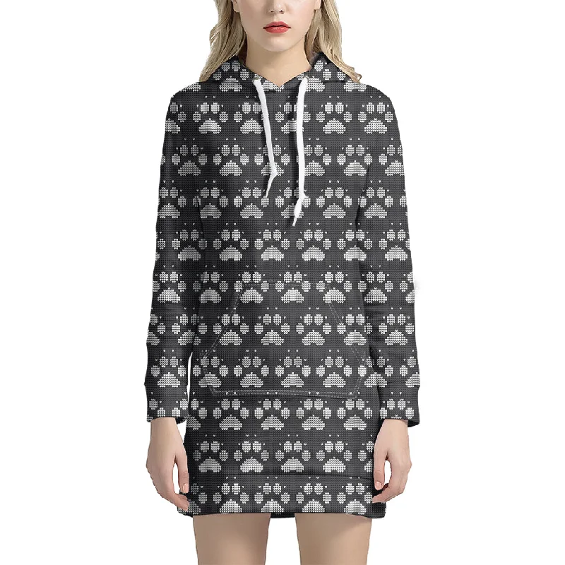 Grey And White Paw Knitted Pattern Print Pullover Hoodie Dress