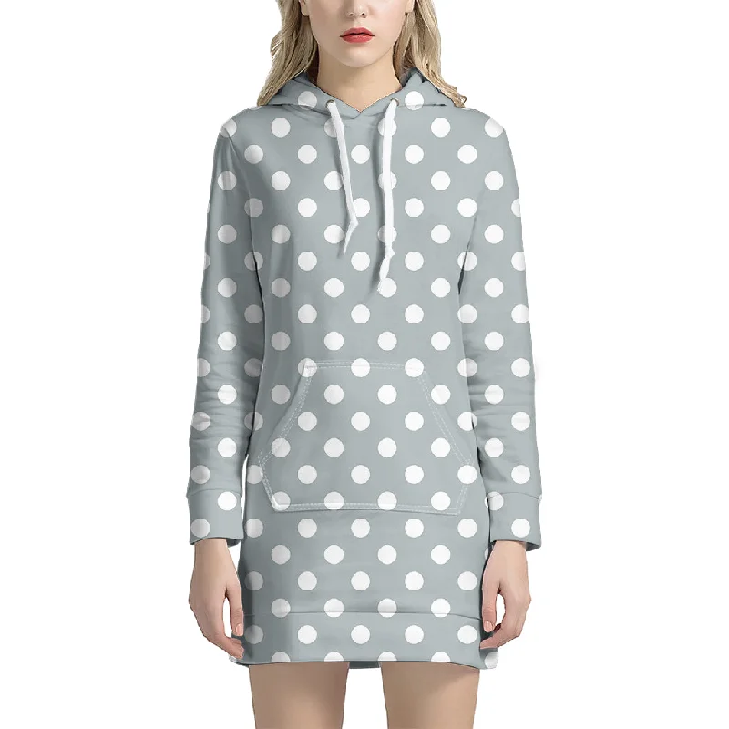 Grey And White Polka Dot Pattern Print Pullover Hoodie Dress