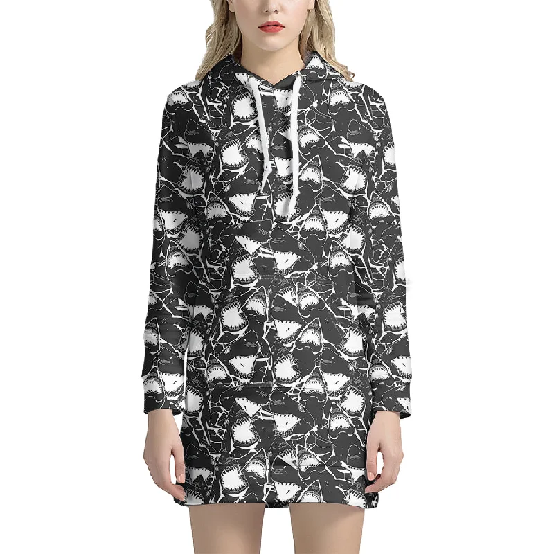 Grey And White Shark Pattern Print Pullover Hoodie Dress