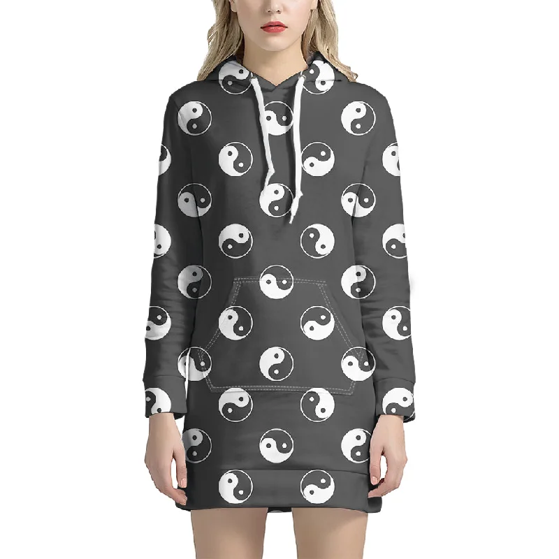 Grey And White Yin Yang Pattern Print Pullover Hoodie Dress