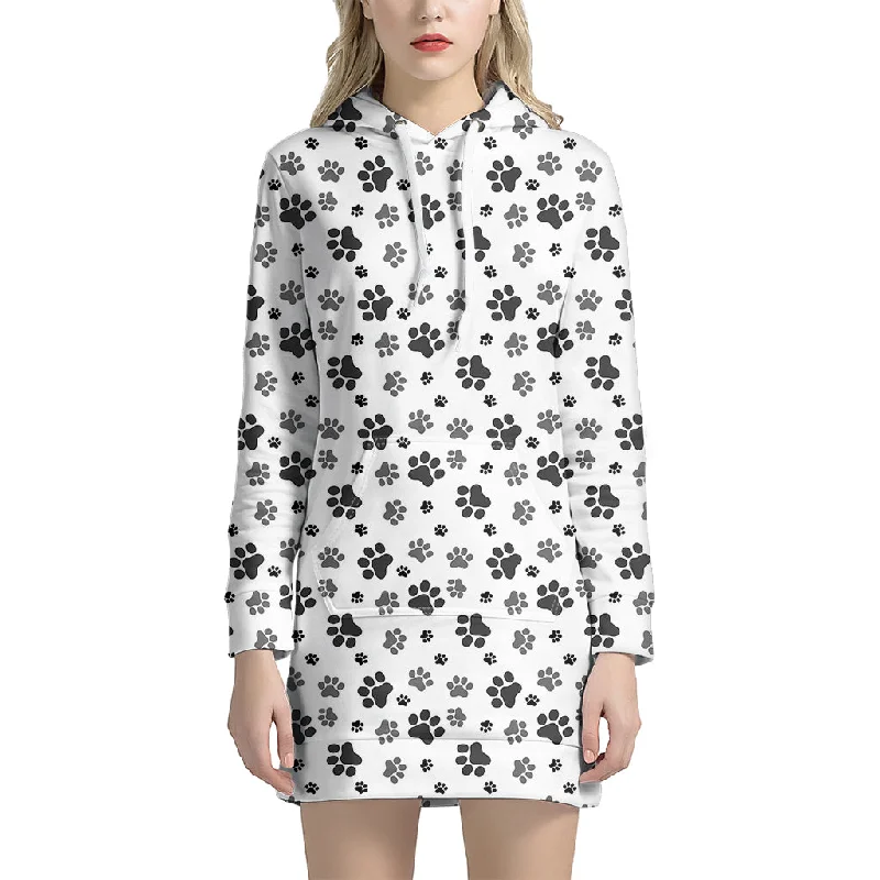 Grey Animal Paw Pattern Print Pullover Hoodie Dress