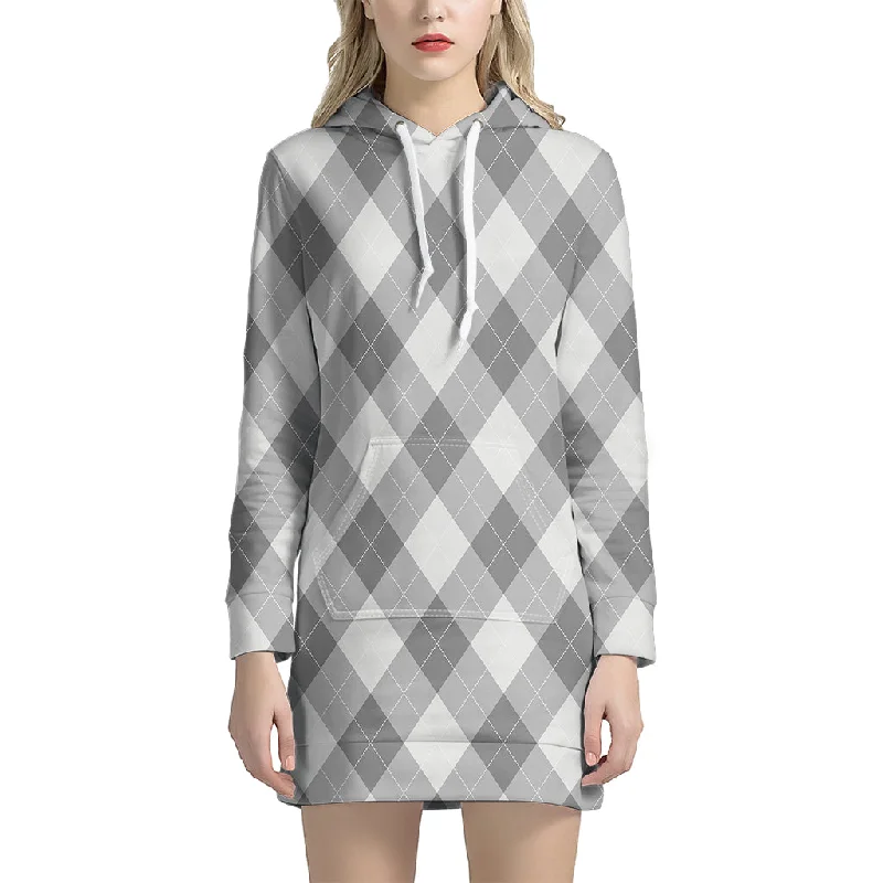 Grey Argyle Pattern Print Pullover Hoodie Dress