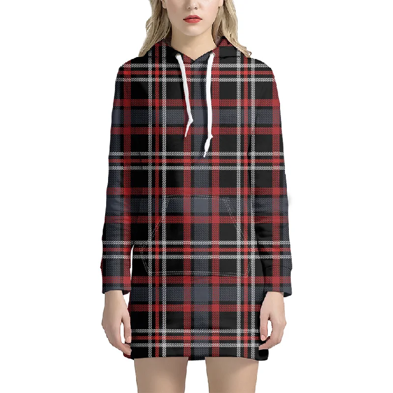 Grey Black And Red Scottish Plaid Print Pullover Hoodie Dress