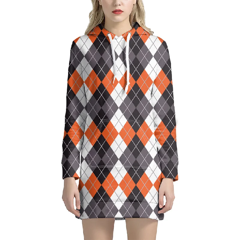 Grey Black Orange And White Argyle Print Pullover Hoodie Dress
