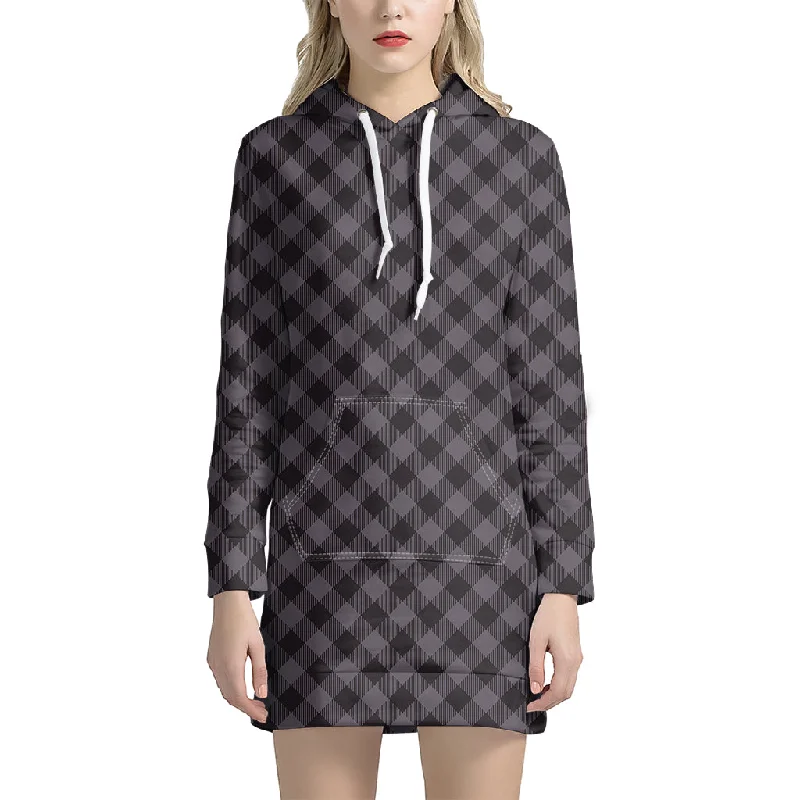 Grey Buffalo Plaid Pattern Print Pullover Hoodie Dress