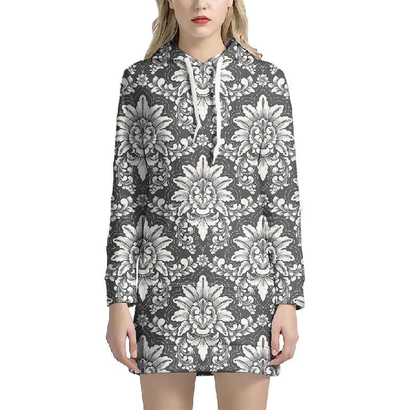Grey Damask Pattern Print Pullover Hoodie Dress