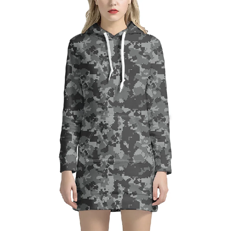 Grey Digital Camo Pattern Print Pullover Hoodie Dress