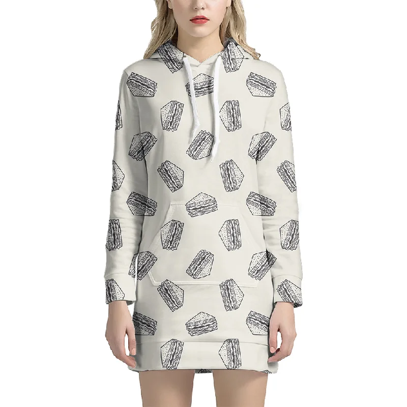 Grey Doodle Sandwich Pattern Print Pullover Hoodie Dress