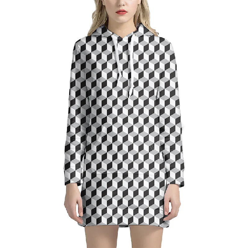 Grey Geometric Cube Shape Pattern Print Pullover Hoodie Dress