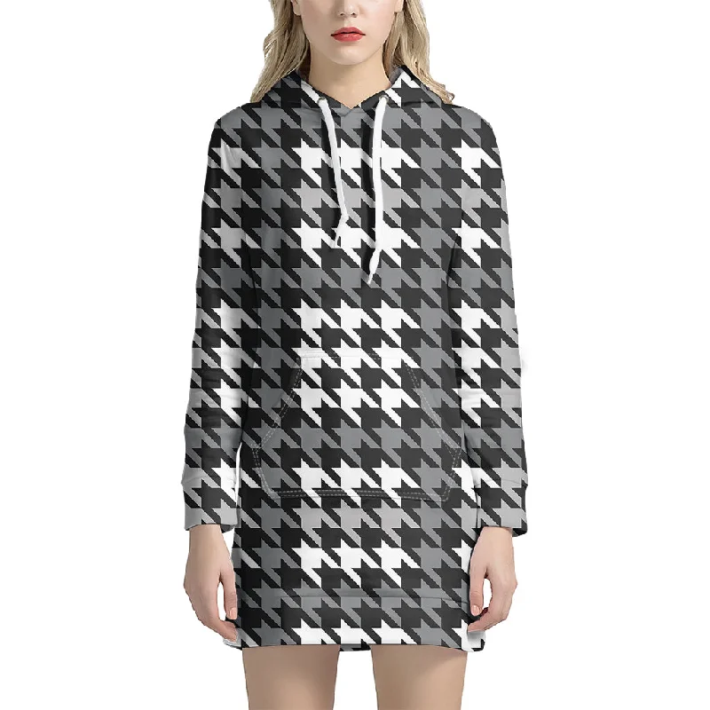 Grey Houndstooth Pattern Print Pullover Hoodie Dress