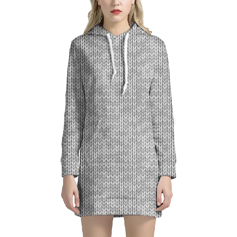 Grey Knitted Pattern Print Pullover Hoodie Dress