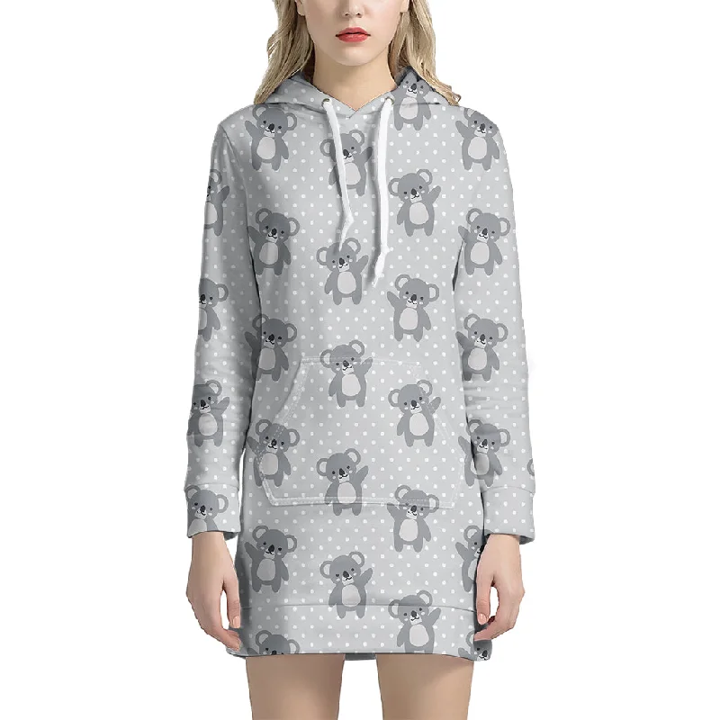 Grey Koala Pattern Print Pullover Hoodie Dress