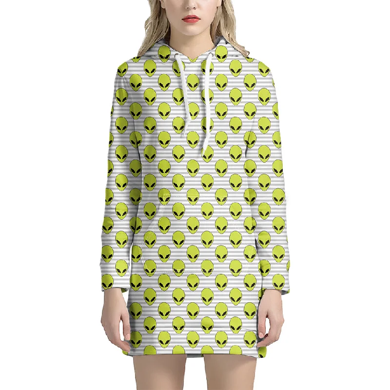 Grey Striped Alien Pattern Print Pullover Hoodie Dress