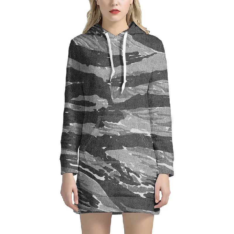 Grey Tiger Stripe Camouflage Print Pullover Hoodie Dress