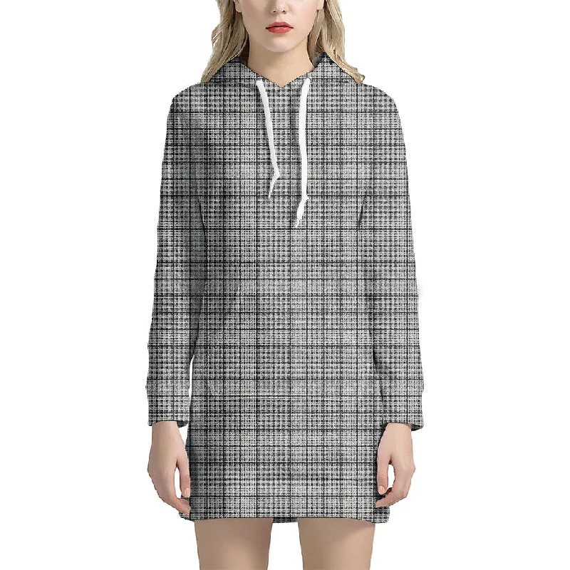 Grey Windowpane Pattern Print Pullover Hoodie Dress