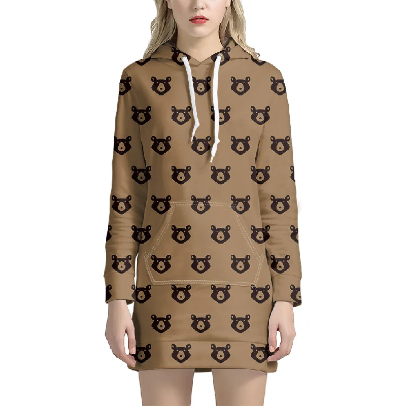 Grizzly Bear Pattern Print Pullover Hoodie Dress