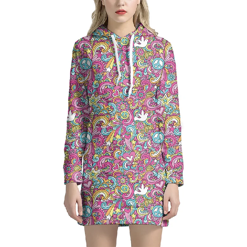 Groovy Girly Peace Pattern Print Pullover Hoodie Dress