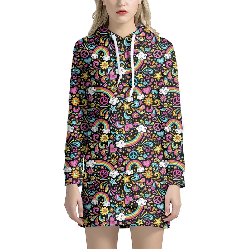 Groovy Hippie Peace Pattern Print Pullover Hoodie Dress