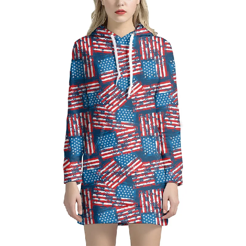 Grunge American Flag Pattern Print Pullover Hoodie Dress