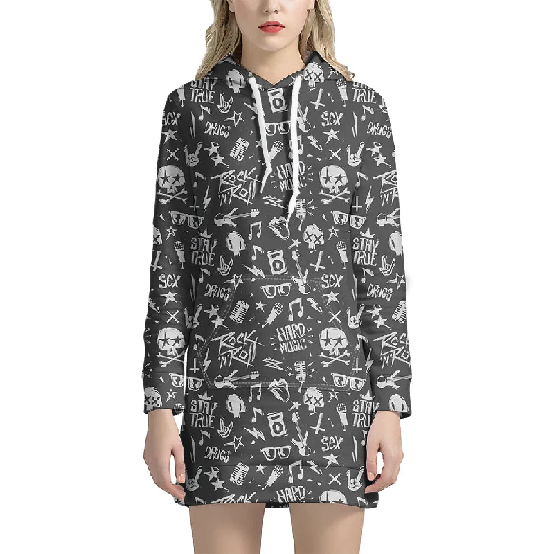 Grunge Rock And Roll Pattern Print Pullover Hoodie Dress