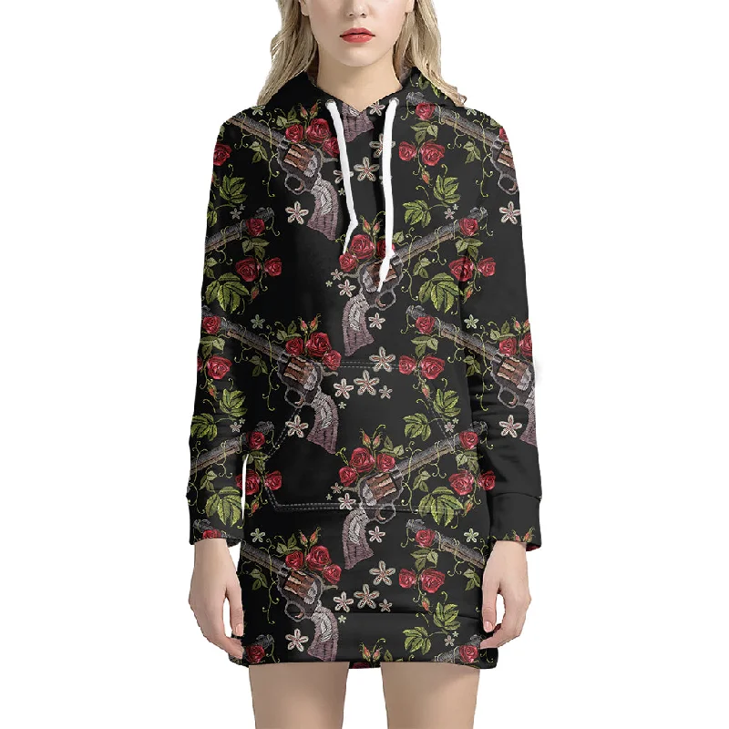 Guns And Flowers Pattern Print Pullover Hoodie Dress