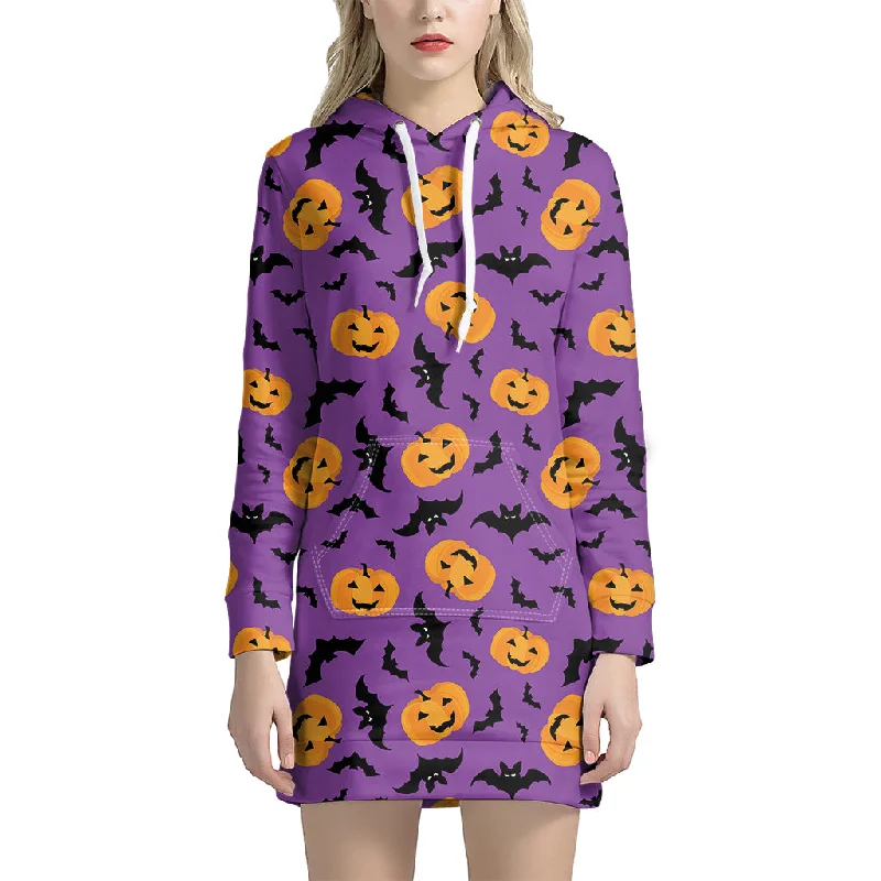 Halloween Bat And Pumpkin Pattern Print Pullover Hoodie Dress