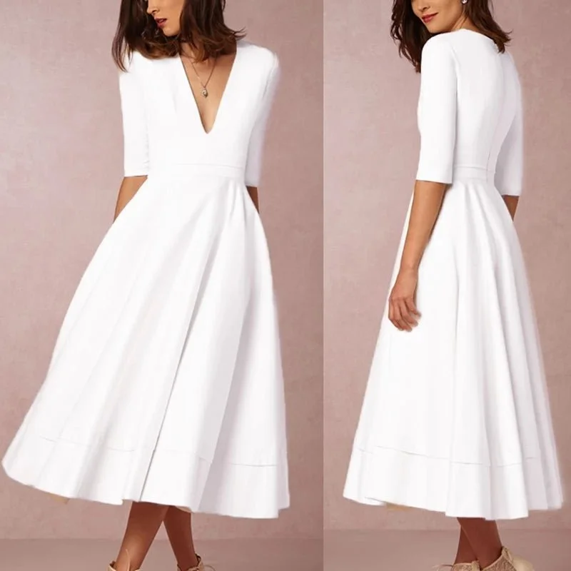 Adorable Classic A-Line Half Sleeve Deep V or Closed O-Neck Dress