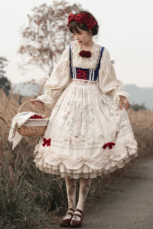 Ivory [Ode to Plenty] Berries and Birds Print Ruffle Bowknot Velvet Classic Lolita Breast Support Jsk Dress