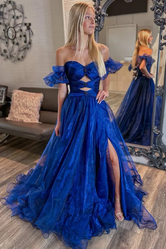 Keilani | Royal Blue Strapless Keyhole Balloon Sleeves Long Prom Dress