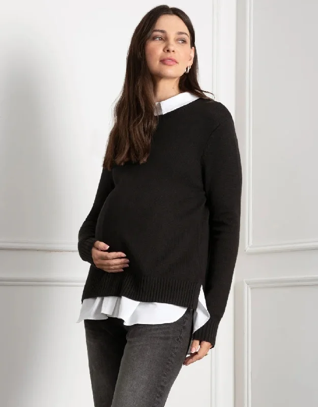 Knit Maternity & Nursing Jumper with Woven Shirt - Black Spandex Rayon Corduroy