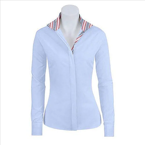 L413C RJ Classics Ladies Prix Hunter/Jumper Long Sleeve Show Shirt Blue w/Stripe Trim Collared Crew Neck Turtle Neck L413C RJ Classics Ladies Prix Hunter/Jumper Long Sleeve Show Shirt Blue w/Stripe Trim Collared Crew Neck Turtle Neck