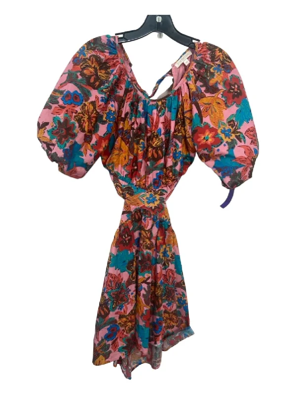 Love The Label Size XS Pink & Multi Cotton Tie Detail Puff Sleeves Dress