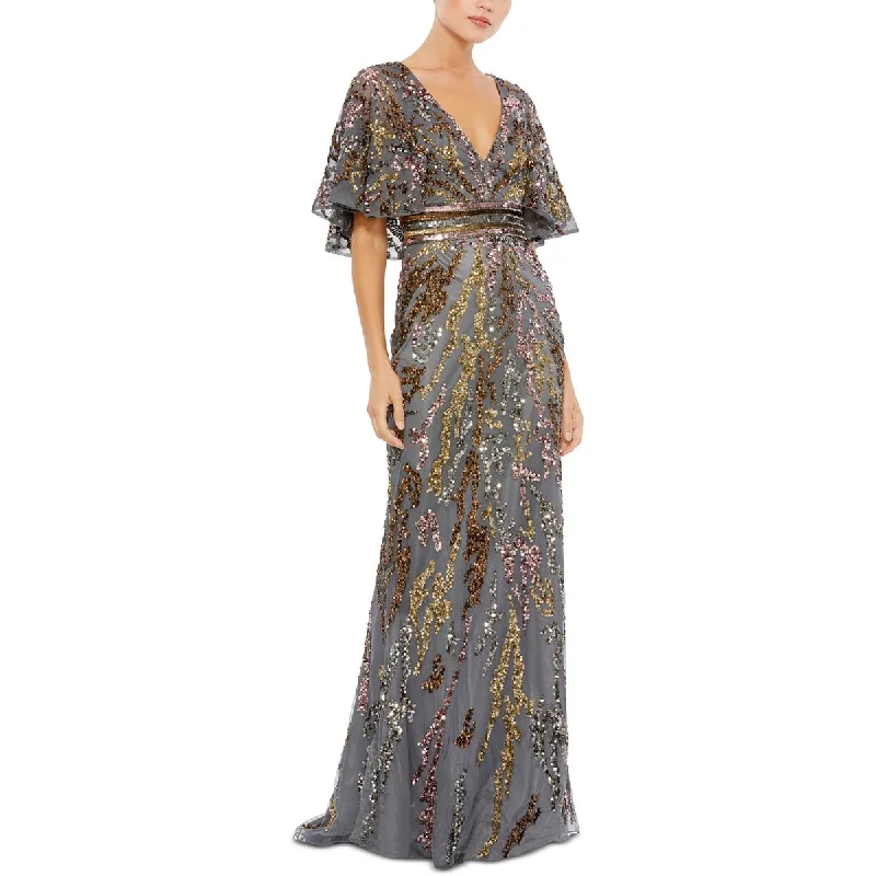 Mac Duggal Womens Sequin Flutter Sleeve Evening Dress