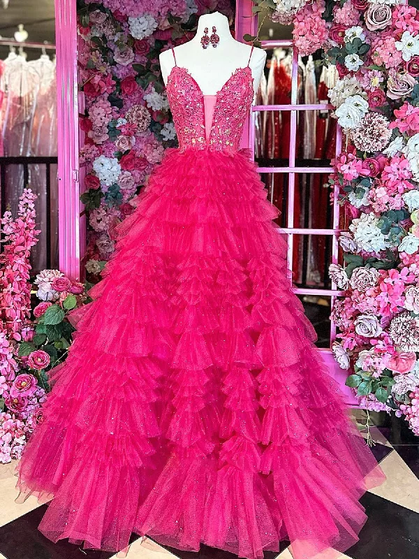 Mazzy | Lace Applique Tiered Ruffles Tulle Long Prom Dress