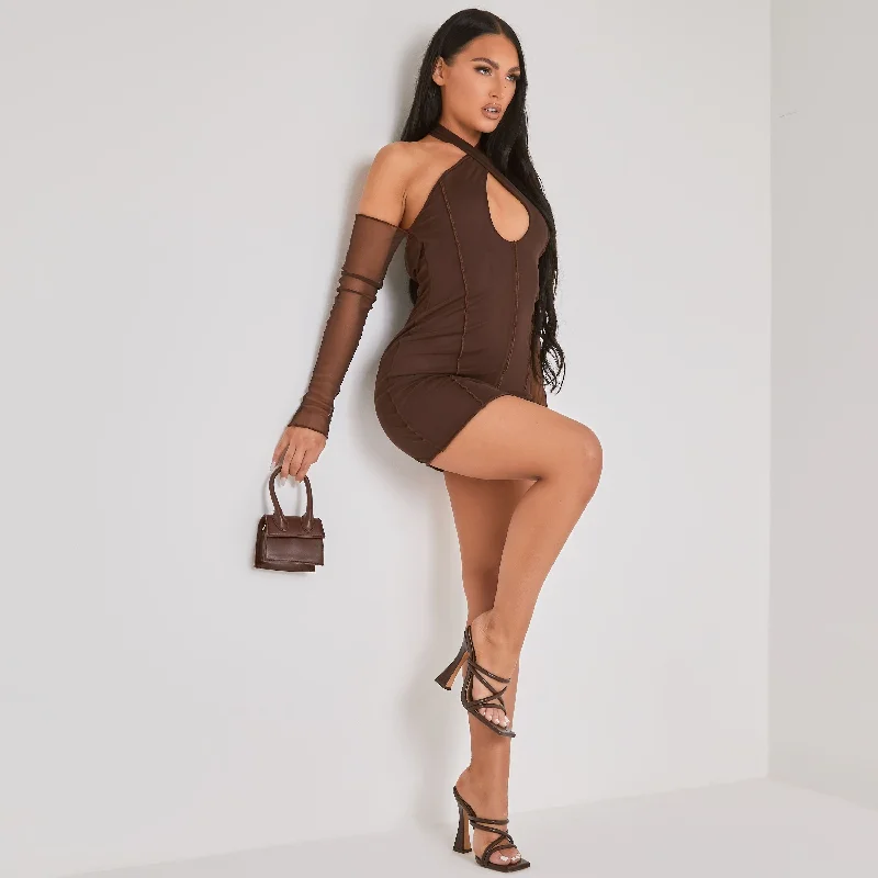 Mesh Sleeve Cross Strap Dress In Dark Brown