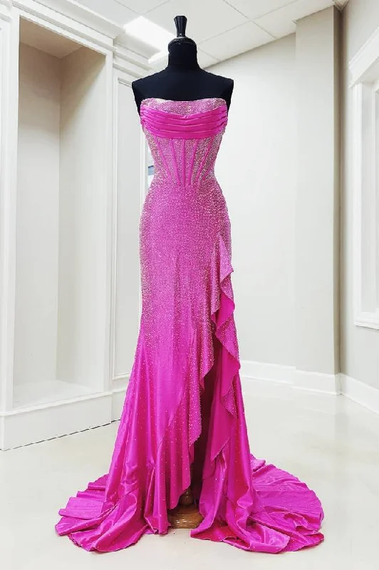 Miles | Mermaid Fuchsia Strapless Asymmetrical Beaded Long Prom Dress with Slit