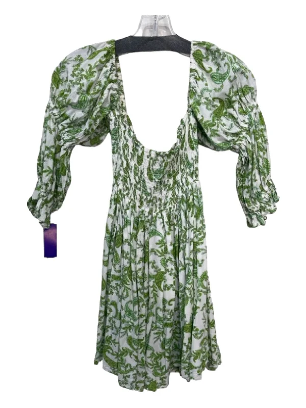 Misa Size L White & Green Rayon Blend Paisley Square Neck Smocked Bodice Dress