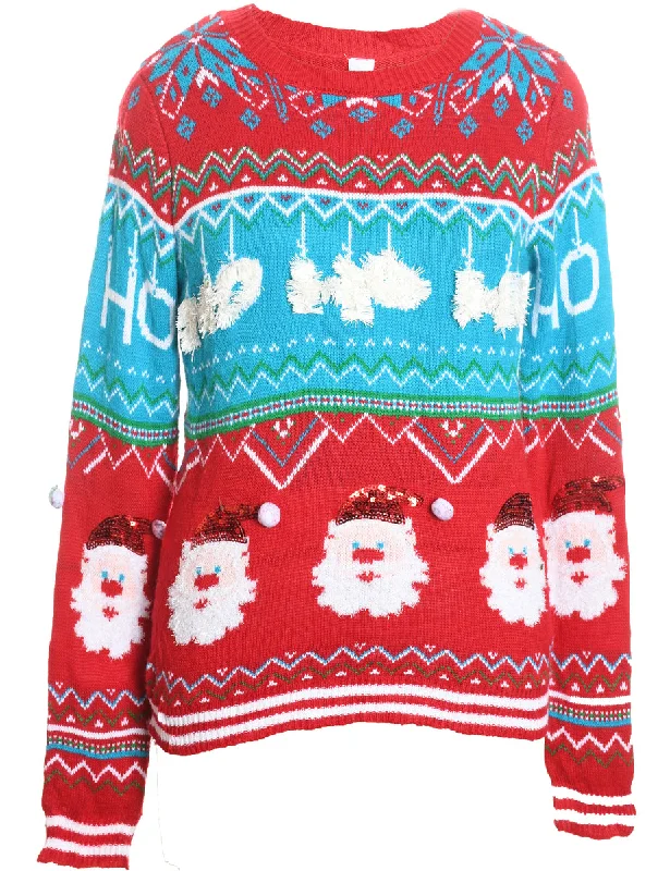 Red & Light Blue Patterned Christmas Jumper - L Wool Fabric Cashmere Fabric Tweed Fabric Red & Light Blue Patterned Christmas Jumper - L Wool Fabric Cashmere Fabric Tweed Fabric