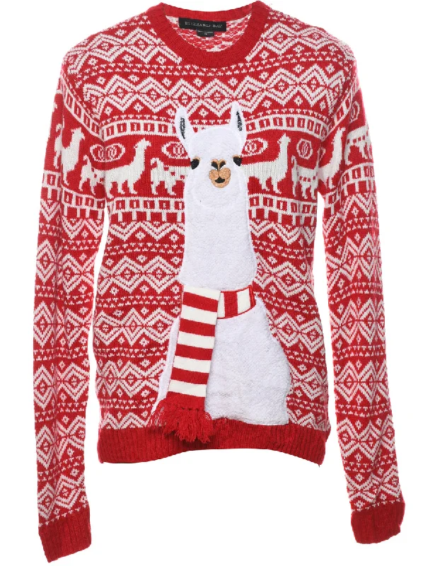 Red & White Llama Design Christmas Jumper - S Oversized Loose Flowy