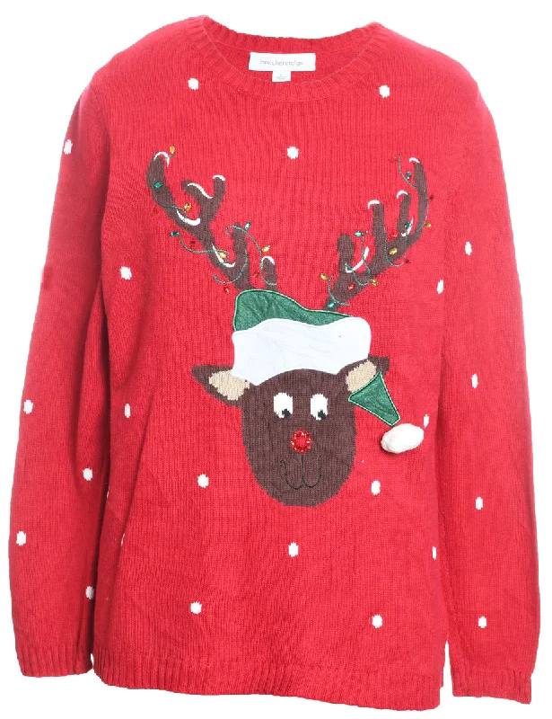 Reindeer Christmas Jumper - L Embroidered Appliqued Beaded